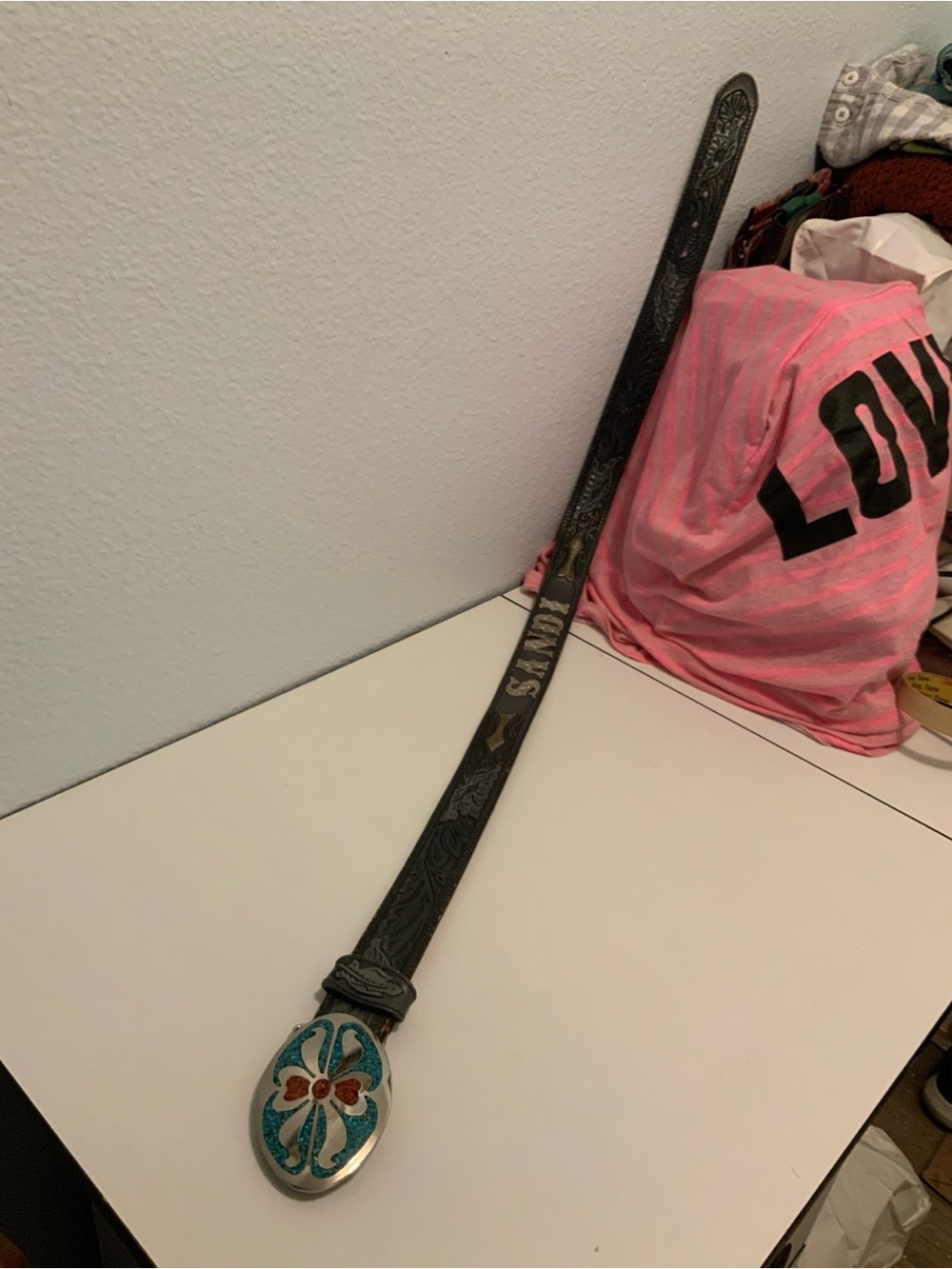 Tony Lama Leather Belt with Personalized Sandy Name & Turquoise/Sliver Buckle